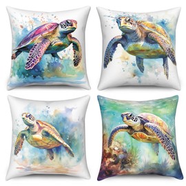 ChloropLastid Sea Turtle Throw Pillow Covers 18x18 inch Watercolor Ocean Undersea Animals Pillow Cases Nautical Sea Tropical Theme Decorative Cushion Covers for Living Room Bed Sofa Set of 4