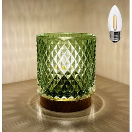 AFORTLO Battery Powered Table Lamp with Timmer,Cordless Smal Atmosphere Glass Table Lamp,Portable Decovative NightLight for Corner/Entryway/Stairway/Bathroom/Fireplace (Green)