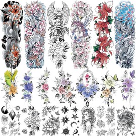 Temporary Tattoos for Men Women 20 Sheets Multi-Colored Mixed Style Temporary Tattoos Stickers for Adults Scary Dragon Fish Tiger Skull Skeleton Fake Tattoos Art Temporary Tattoo Adult