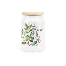 Watercolour Herbs Ceramic Sugar Storage Canister - Country Home Farmhouse Interior Gifts - Kitchen Food Storage Container & Wooden Lid 600ml (14.5cm x 9.5cm)