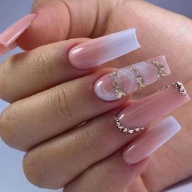 Gifiky Marble Nails Fake Nails Long Coffin Press on Nails Bling Nails Tips Crystal Gem Design Full Cover Gradient False Nails Pink for Women and Girls 24Pcs