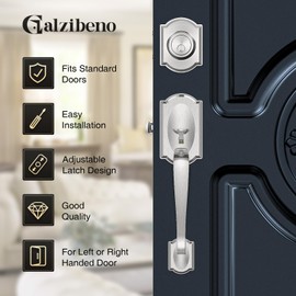 Calzibeno Front Door Lock Set, Brushed Nickel Front Door Handle and Deadbolt Set, Vintage Exterior Door Lock Set, Front Door Handle with Single Cylinder, Reversible for Right & Left, Satin Nickel
