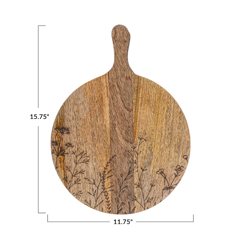 Creative Co-Op Mango Wood Cheese Board with Laser Etched Flowers,