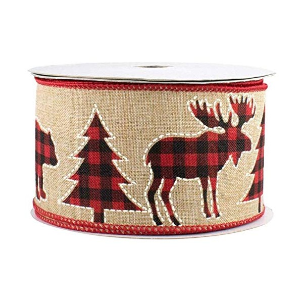 Buffalo Plaid Moose Christmas Ribbon - 2 1/2" x 10 Yards, Wired Edge Buffalo Check, Black, Red, Natural, Bears, Trees, Decor for Wreaths, Garlands, Bows
