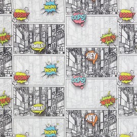 Kt KILOtela - Patchwork Fabric Cotton Digital Printing Sewing Craft 100cm Length x 140cm Width Comic Smile Wow White Black Multicolor ─ 1 Metre