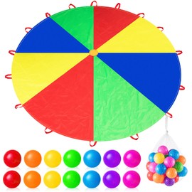 Wettarn 12ft 16.4ft 20ft Rainbow Parachute Toy with Handles and 30 Plastic Colorful Ocean Balls Parachute Games for Kids Indoor Outdoor Gym Tent Game Equipment(12 ft)