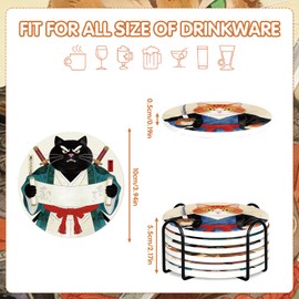 Funny Cat Coasters Set of 6, Japanese‌ Anime Cat Round Ceramic Drink Coasters with Holder Cork Backing Absorbent Coffee Table Protection, Christmas House Warming Gifts