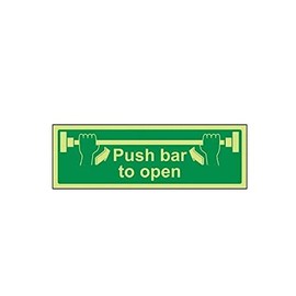 V Safety Glow In The Dark Push Bar To Open Door Sign - 300mm x 100mm - Rigid Plastic