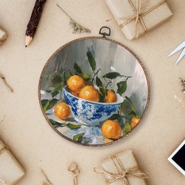 Lengues Blue and White Chinoiserie Oranges Kitchen Round Wall Art Decor, Rustic Kitchen Wall Decor, Farmhouse Canvas Framed Art Prints, Cottagecore Oranges Hanging Frame for Kitchens Room 10x10 Inch