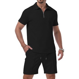 Askdeer Mens Summer Tracksuit 2 Piece Shorts Sets Short Sleeve Sweatsuit Outfits 1/4 Zip Golf Polo Shirts Loungewear Black