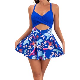 B2prity Women Cutout One Piece Skirt Swimsuit V Neck Wrap Tie Back Swimdress Tummy Control Bathing Suit(Blue,Floral)