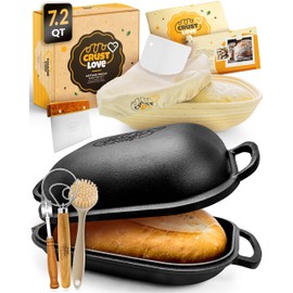 CRUSTLOVE Cast Iron Bread-Pan with Lid - incl. Sourdough Bread Baking Supplies - like Banneton Bread-Proofing Basket - 7.2QT Bread-Oven Dutch, Oven for Bread-Baking Cast Iron Pan Scoring Tool Lame Kit