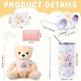 Woanger 5 Pcs Big Sister Gift for Girls New Big Sister Gift Set Include 10" Big Sister Bear Plush 14 oz Stainless Steel Tumbler Cup Floral Sunglasses Rainbow Sign and Envelop for Christmas