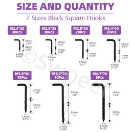 Swpeet 125Pcs 7 Sizes Black Metal Screw-in Square Bend Hooks Kit, Square Bend Hooks L Shaped Self-Tapping Screws Hooks L Type Photo Frame Right Angle Hook for Home/Workplace/Office Hanging