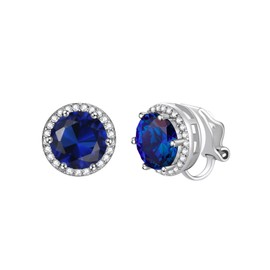 Round Studs Clip on Earrings for Women Sterling Silver Simulated Sapphire Birthstone Jewelry Gift for Daughter Girls