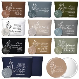 Kacctyen 20 Pcs Spanish Christian Gifts for Women Regalos Cristianos Para Mujer 10 Religious Canvas Makeup Bags with 10 Bible Verse Compact Mirrors Church Gift for Mother's Day