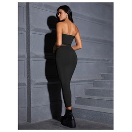 Verdusa Women's 2 Piece Outfits Sleeveless Crop Tube Top and Maxi Pencil Long Skirt Set Black X-Small