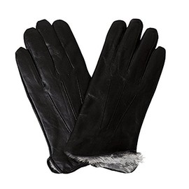 Bon Bonito Men's Rabbit Fur Lined Genuine Soft Black Leather Gloves (Large)