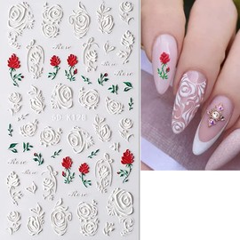 SOESS 5D Rose Flower Nail Art Stickers Stereoscopic Embossed Flower Nail Decals Rose Flowers Self Adhesive Nail Art Supplies Designs for Women Girls Acrylic Nails Decorations 3 Sheets