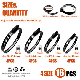 BOTTEN 16pcs 4 Sizes Hose Clamp,9/16-4 Inch(14-102mm) Hose Clamps Stainless Steel Adjustable Worm Gear Black Hose Clamp Assortment Kit,radiator hose clamps, fuel line clamps