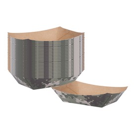Restaurantware Bio Tek 4 Ounce Paper Boats, 50 Disposable #25 Food Trays - PE Lining, Durable, Camouflage Print Paper Food Baskets, For Concession Stands, Picnics, or Fairs