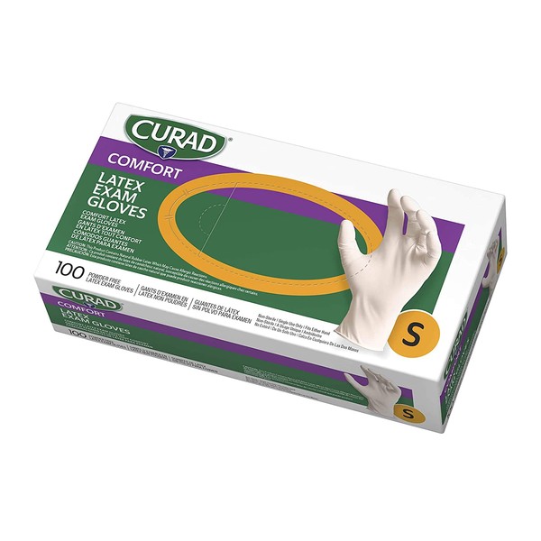 Curad - CUR8104 Disposable Medical Latex Gloves, Powder Free Latex Gloves are Textured, Small, 100 Count,White