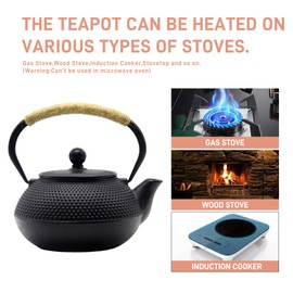SECHUDO Japanese Tetsubin Cast Iron Teapot Tea Kettle pot with Stainless Steel Infuser for Stovetop Safe Coated with Enameled Interior (Black, 27.1oz)