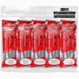 House Warming Vibes 7'' Incense Sticks - Variety Set 500 Pack - 7 inch - 5 Bundles 100 Sticks Per Fragrance Scent. Set Features Aloe Vera, Blue Nile, Frangipani, Honey Vanilla, Pink Sugar