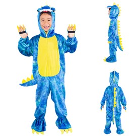 Dearsun Child's T-Rex Dinosaur Costume Dinosaur Costume for Kids Fancy Dress Costume Hooded Romper Jumpsuit (S/100 3-4 yrs, Blue)