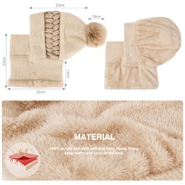TAGVO Women Winter Warm Knitted Cap Hat＆Neck Warmer Sets, Double Layer Fleece Lined Beanie Hat with Faux Fur Bobble Pom pom, Flexible Adjustable Face Mask, Women Ladies Winter Outdoor Sports Hat