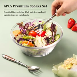 4 Pcs Sporks Set Stainless Steel Salad Spoons with Bakelite Handle,Salad Forks Spork for Salad,Fruit,Dessert
