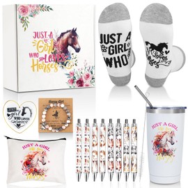 Splendest Horse Gift for Girls Horse Gifts for Horse Lovers 13pcs Gift Set with Tumbler Makeup Bag Socks Bracelet Ballpoint Pens Acrylic Keychain Birthday Gifts for Women Valentines Day Gifts for Her