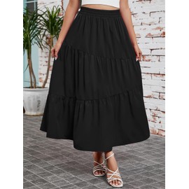 Oyamiki Womens Summer Boho Midi Skirts with Pockets Casual Pleated Asymmertric Ruffle Bohemian Black Dress S