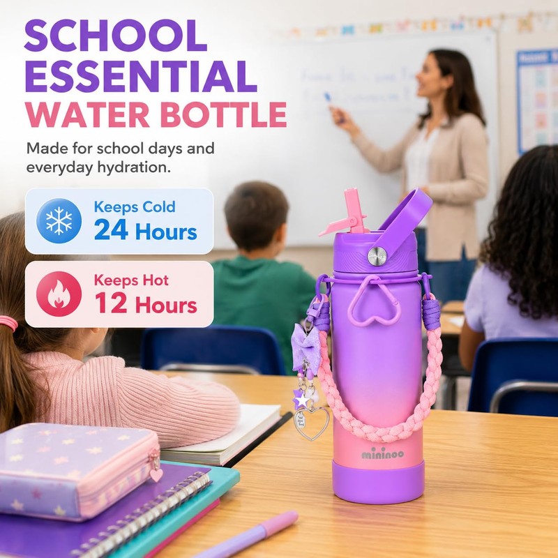 18oz Ceramic-Lined Kids Water Bottle, Insulated Water Bottle kids School