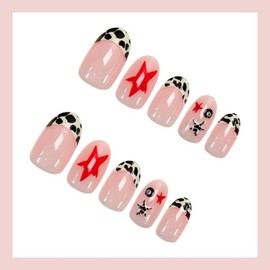 French Tip Press on Nails Short Oval Fake Nails False Nails with Stars Leopard Print Designs Full Cover Glossy Glue on Nail Nude Acrylic Nail for Women Girls 24Pcs