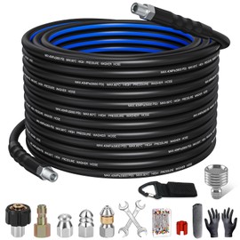 TUTULUCK Sewer Jetter Kit for Pressure Washer 50ft – 5800PSI Drain Jetter Hose 1/4 Inch NPT Corner with Watering Spray Nozzle, Rotating and Button Hose Sewer Jetting Nozzles & Easy-to-Store Strap