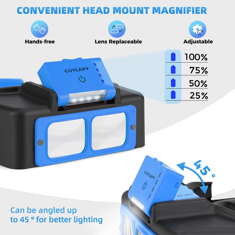 COYLAPY Headband Magnifier with Light, 1.5X-3.5X Hobby Magnifying Glasses
