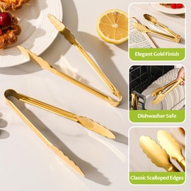 6 Pack Gold Metal Tongs for Serving Food, Stainless Steel Kitchen Tongs, Salad Tongs,Buffet Tongs for Wedding Party Banquet Gathering (6, Gold, 7inch)