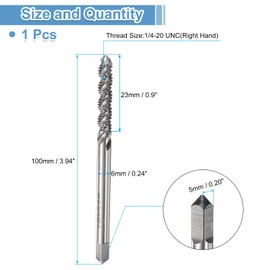 sourcing map Spiral Flute Thread Taps 1/4-20 UNC 2B Machine Threading Tap Bit, Uncoated Screw Tapping Repair Tool, M2 High-Speed Steel (HSS)