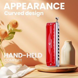 CONJURER Chromatic Harmonica - Valveless for Kids & Adult Beginners, 10 Hole, Key of C, Stainless Steel Mouth Organ with Brass Reed, in Case, C Key Red