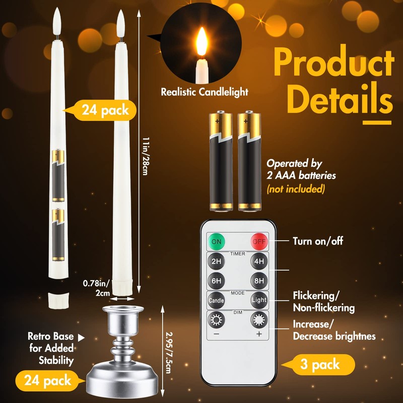 Fumete 24 Pack Flameless Taper Candles with Remote Control and