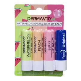 Derma V10 Trio Pack 1 of Each Lip balm Peach Watermelon Berry AND 1 Original Derma intensive with Vitamin E Lip Balm 4.8g