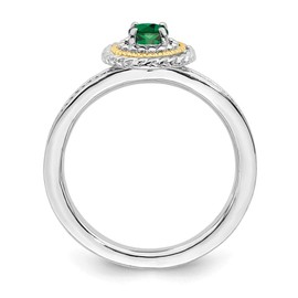 Solid 925 Sterling Silver and 14k Yellow Gold Stackable Created Emerald Green May Gemstone Ring Eternity Band Size 7