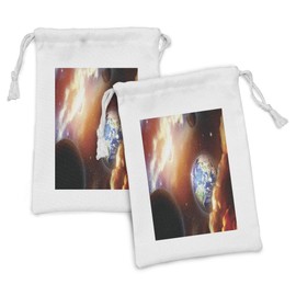 Ambesonne Space Fabric Pouch Set of 2, Dust Cloud Nebula Stars in Solar System Scene with Planet Earth Pluto and Neptune, Small Drawstring Bag for Toiletries Masks and Favors, 9" x 6", Orange Blue