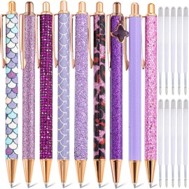 mumrap 9 Pcs Sparkly Pens for Women Fancy Pens with 10 Pcs Black Ink Refills Glitter Pretty pen sets for Ladies Office School Gifts(Purple)
