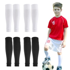 Kids Football Sock Sleeves, 4 Pairs Team Leg Sock, Soccer Shin Guards Sleeves Elastic Soccer Shin Guards Sleeves Sleeve Cut Football Socks for Football Games Beginner (2 Black and 2 WHite）