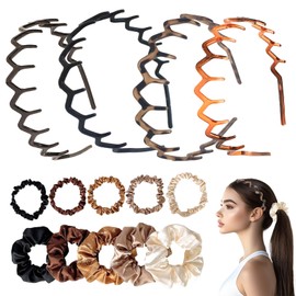 14 Pcs 90s Plastic Zig Zag Headband Tooth and No Crease Satin Elastic Hair Band Set for Women Men Girls, Unisex Hair Ties Accessories