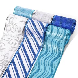 6 Rollos Cinta Navideña con Purpurina 6,3cm de Ancho Cinta de Navidad Serie Azul Patrón de Ondas Copo de Nieve Cinta para Arbol de Navidad Envolver Regalos Manualidades (33m de Longitud Total)