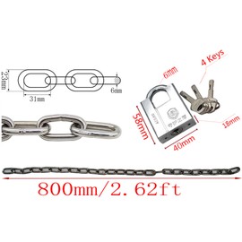 Motorcycle Security Chain, WANLIAN Bicycle Chain Locks, 6 mm Security Chain and Lock Kit, Stainless Steel Chain Lock, Suitable for Doors, Fences, Garages, Motorcycle Locks, Silver