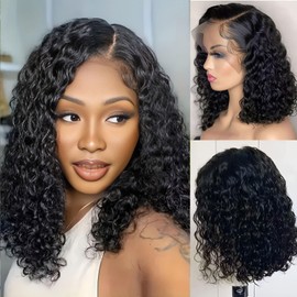 Yijimei Bob Wig Human Hair 13x4 Lace Frontal Deep Water Wave Wig 180 Density Short Wigs For Black Women Pre Plucked With Baby Hair Natural Hairline Easy To Style (Natural Black 13X4 Deep Wave 16Inch)